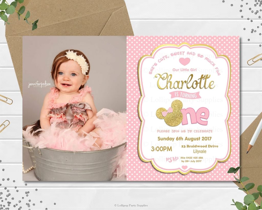 Details About Minnie Mouse First 1st Birthday Cardstock Invitations Invite Pink Gold Photo