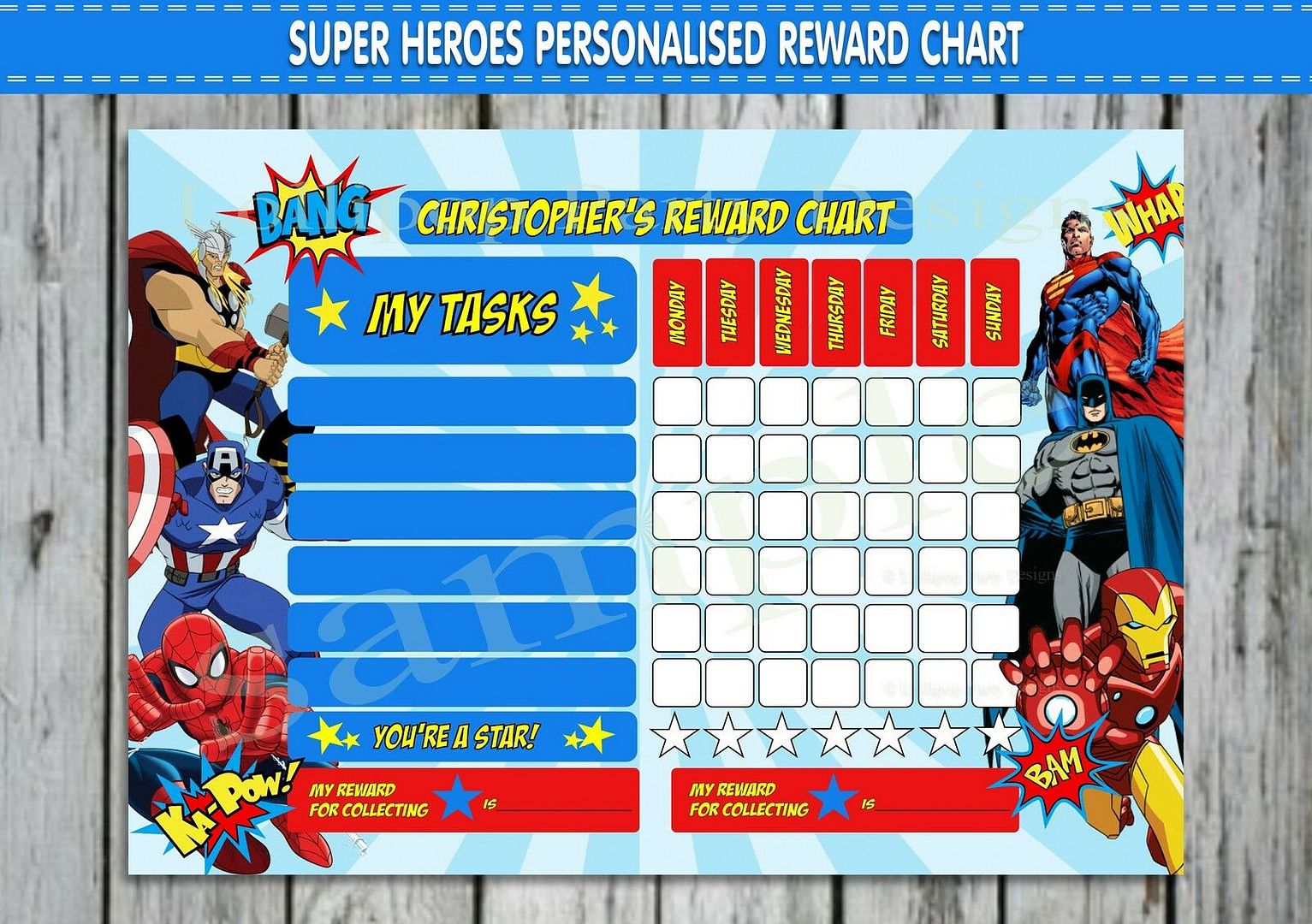 SUPERHEROES PERSONALISED REWARD CHART BATMAN BEHAVIOUR CHORE KIDS ...