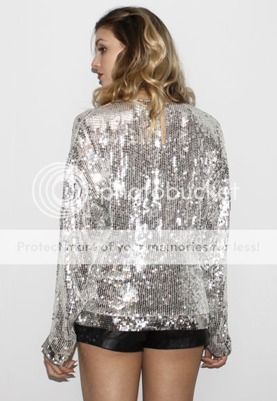   70s Silk SILVER SEQUIN Beaded Draped Tunic Tux Party DRESS Blouse Top