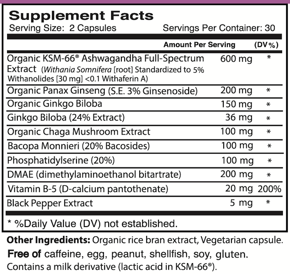 INGREDIENTS SHAPE ORGANICS BODY MIND BOOST Supports Cognitive Function, Added Attention, Memory, Concentration, Focus, Energy, Physical Stamina, endurance, positive mood, anti-stress, with KSM66, 